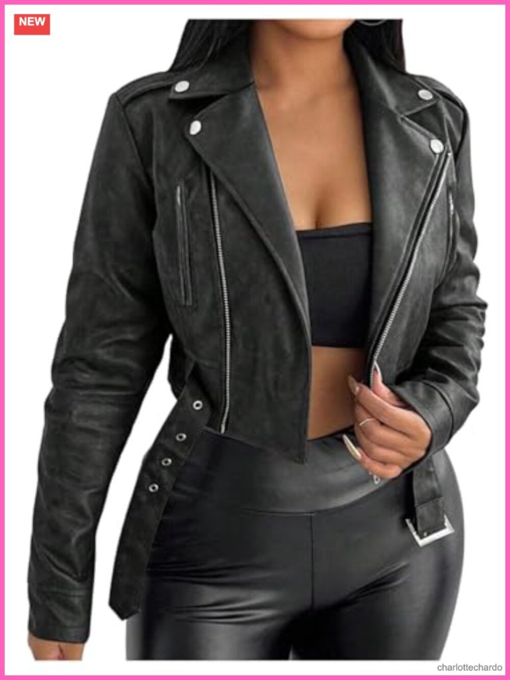 Faux Leather Crop Bomber Jacket Zipper Motorcycle Coat
